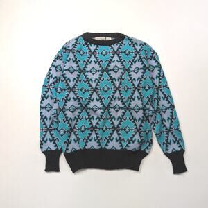 Vintage Center Aisle Sweater Adult Size Medium Blue Printed Geometric 80s Knit